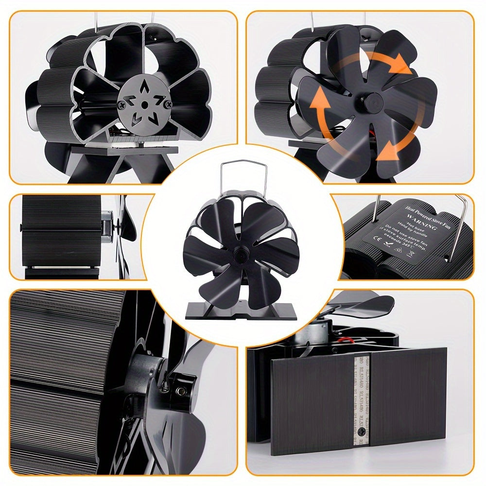 6 Blade Aluminum Silent Table Fan for Home Heating - Decor Heat Powered Stove Fan, Portable Non-Electric Fireplace Accessory with Multiple Components for Indoor Heat Distribution