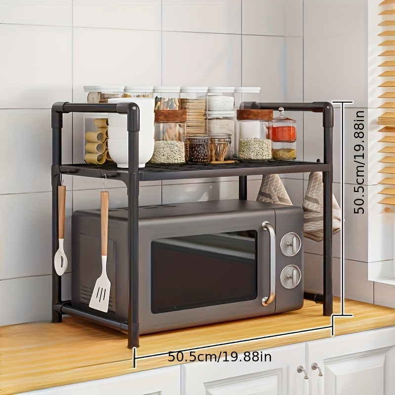 Modern Korean-style kitchen storage rack features open shelving and is multi-functional, perfect for organizing dishes and seasonings. Made of plastic, this microwave oven stand requires no assembly and saves space.