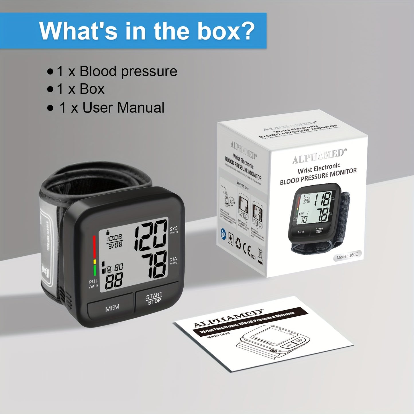 Portable wrist blood pressure monitor with large LCD display, automatic digital device, includes wrist strap and PP box.