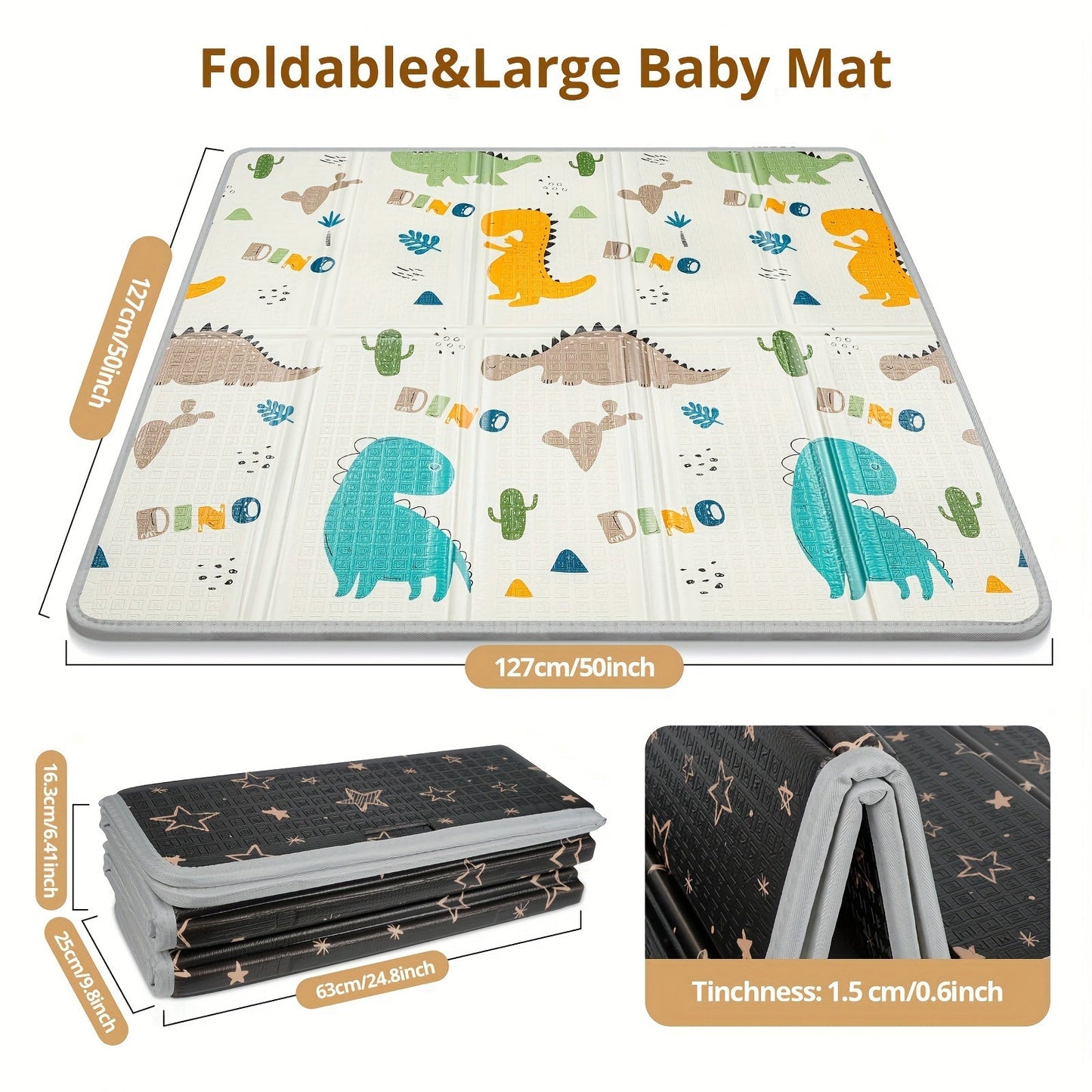 Play Mat with Dinosaur and Alphabet Patterns, Reversible and Foldable, 127.0x127.0 cm, 1.52 cm Thick, Waterproof PE Surface, Non-Slip, Portable Floor Mat for Indoor Play Yard, Perfect Gift for Christmas and Thanksgiving