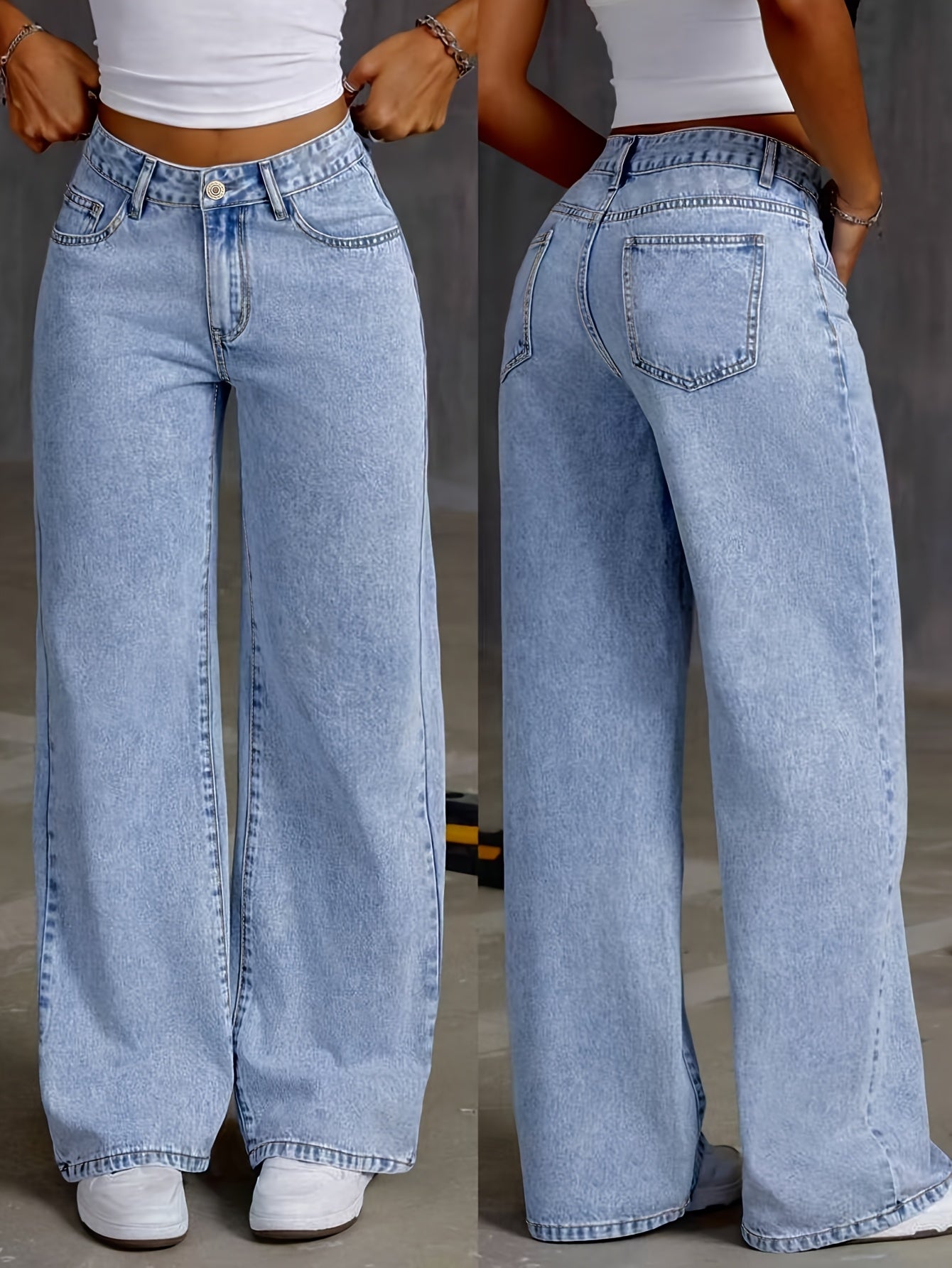 Women's high waist wide leg jeans with button fly, all-season solid color, slight stretch fabric. Made of 70% cotton, 27% polyester, 2% spandex. Features long length and washed finish.