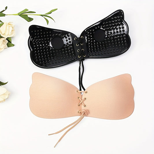 Durable lace-up nipple covers and invisible backless breast pasties for women's lingerie and underwear.