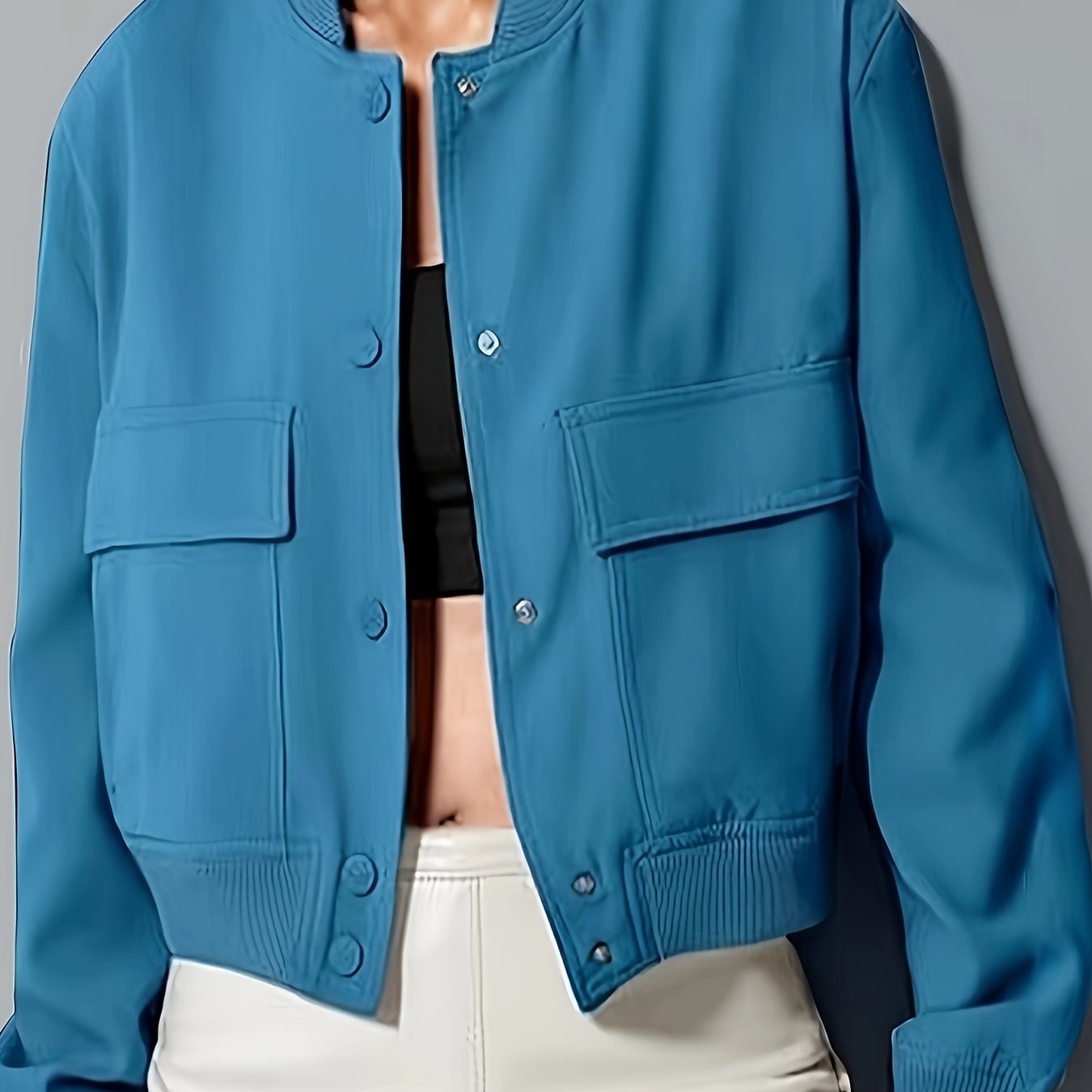 100% polyester women's casual bomber jacket featuring a solid color, stand collar, 
large pockets, perfect for spring/fall.