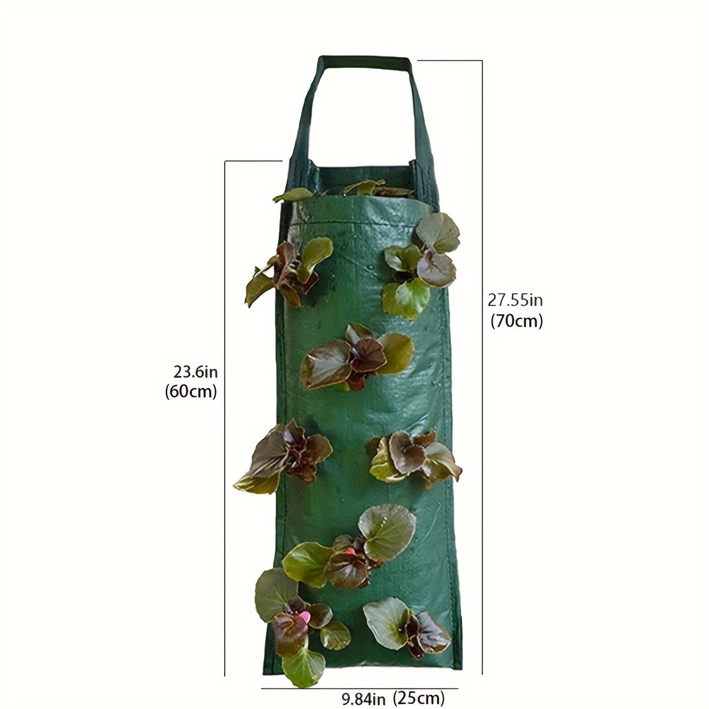 1 Pack, Vertical Hanging Strawberry Planter Bag with Multiple Pockets for various plants, made of durable non-woven material in green color, measuring 59.94cm in length and with drainage