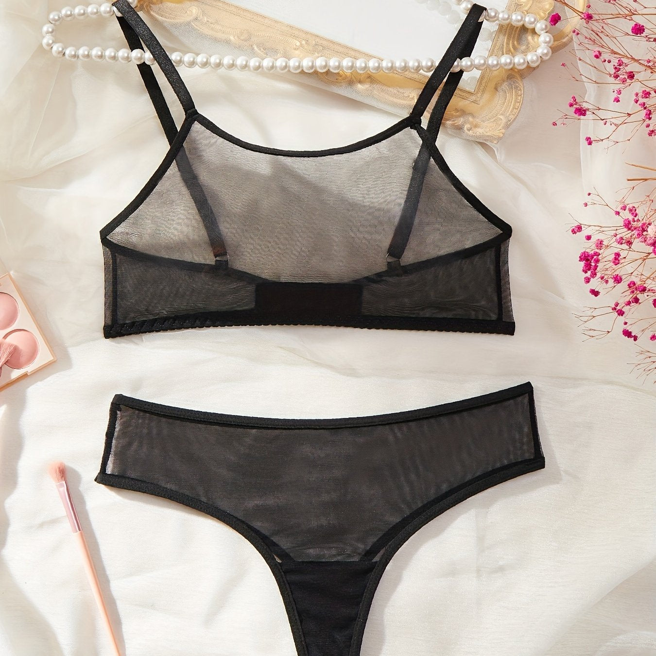 Mesh semi sheer lingerie set includes cami bra, thong, and sexy underwear for women.