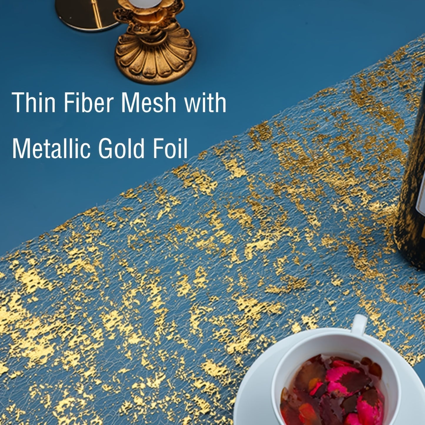 Reusable metallic polyester mesh table runner, 27.94 x 304.8 cm, ideal for weddings and other celebrations.