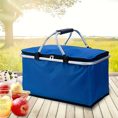 Foldable insulated picnic bag with handle for outdoor travel, in black nylon.