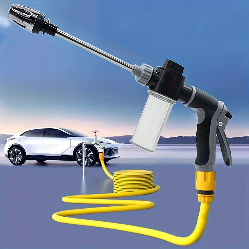 Enhanced car wash gun with versatile features for effective cleaning and watering, made of durable plastic and copper-plated materials.