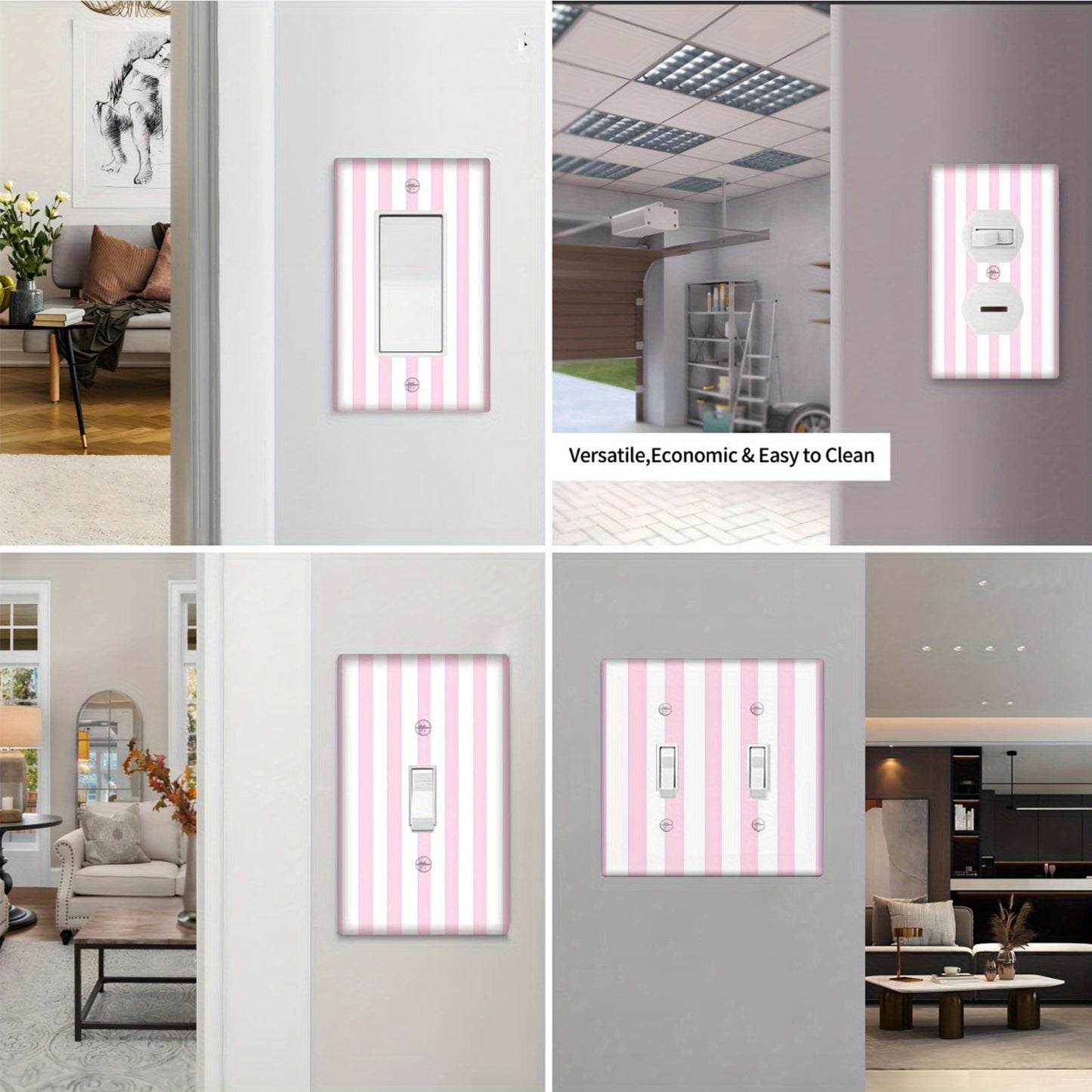 Pink striped light switch cover, stylish and easy to install, no batteries required.