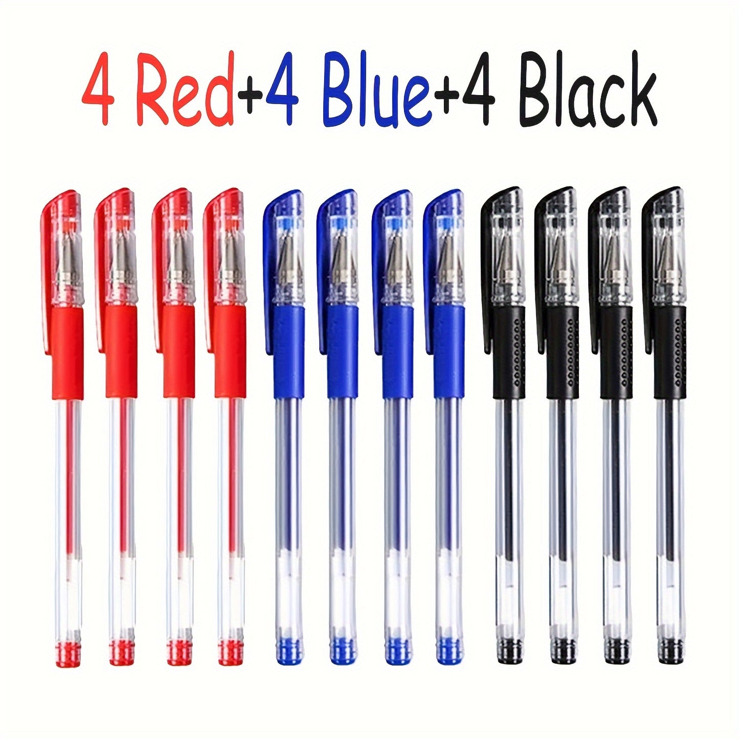 24 ergonomic glossy gel pens with a 0.5 mm fine tip, available in black, blue, and red colors. Ideal for school and office use.