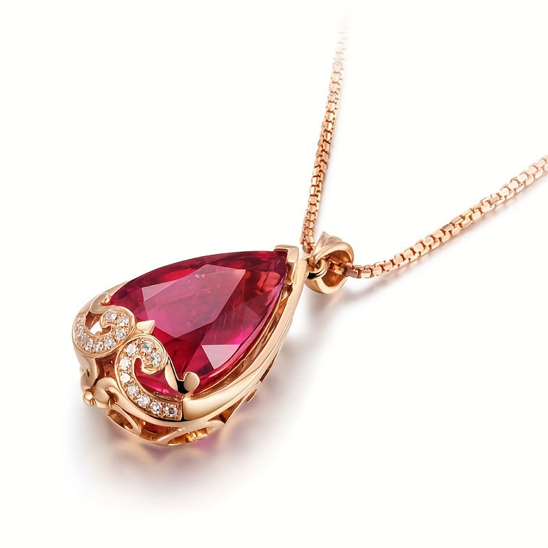 Elegant water drop-shaped pendant necklace coated in rose gold with simulated pigeon blood red and sapphire stones, exuding European and American flair for fashion-forward women.