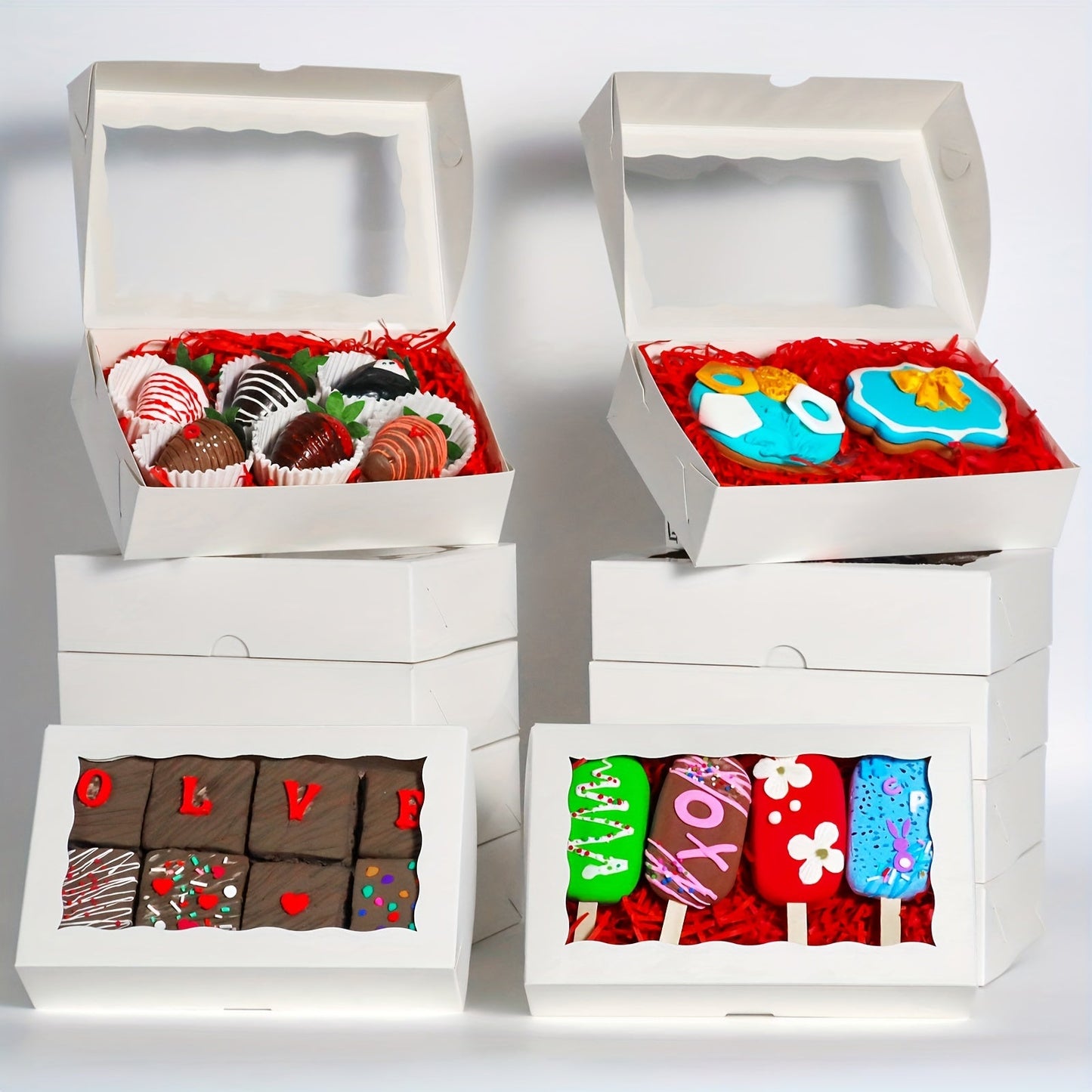 Bakery Boxes Set of 6, 15, or 30 - Includes Chocolate Covered Strawberries, Cakesickle, Chocolate Truffle, Pretzel, and Brownies Boxes - Perfect for Easter, Mother's Day, Christmas, and Valentine's Day with Window Display