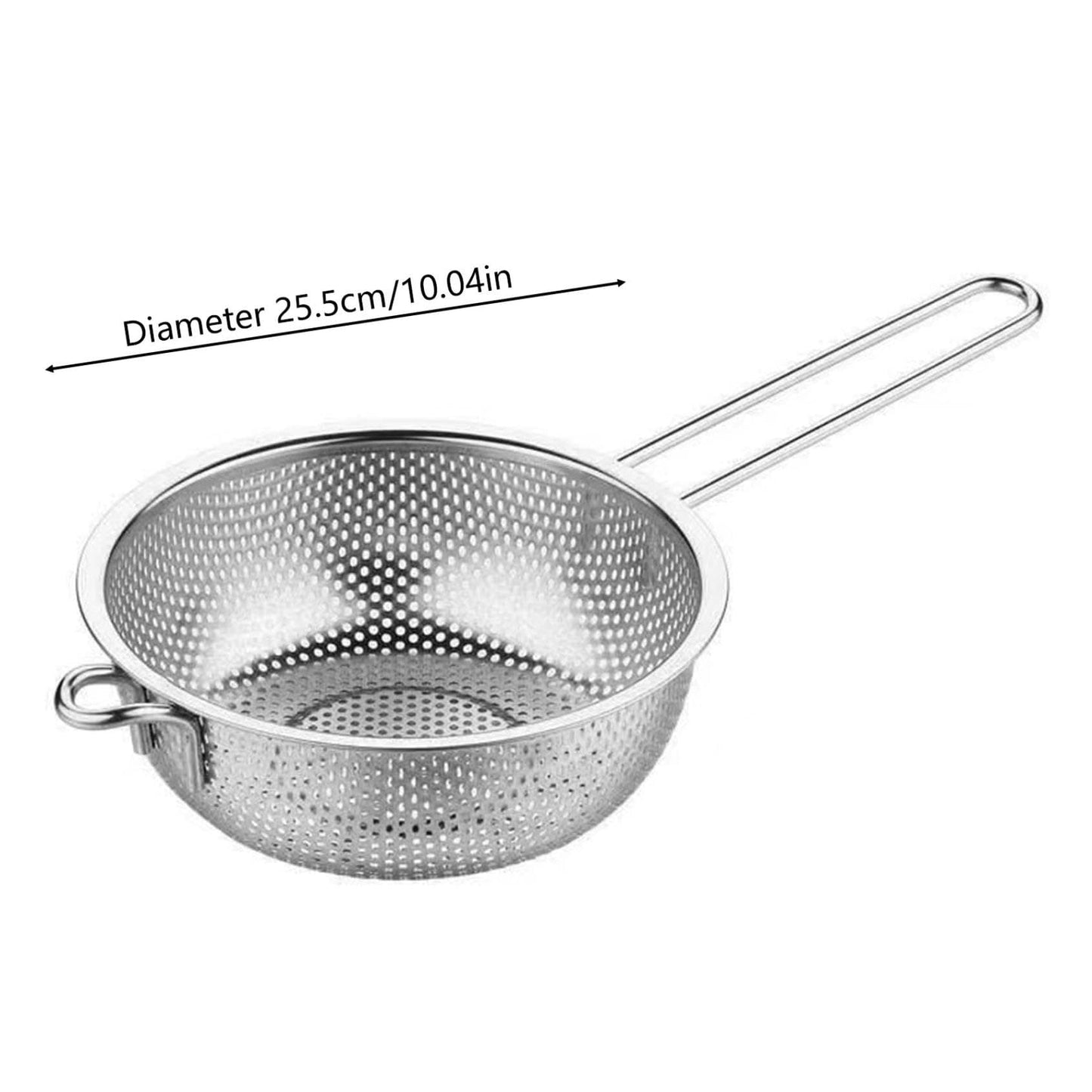 25cm Stainless Steel Colander with Handle, Multi-Purpose Kitchen Strainer featuring Resting Feet, No Electricity Required. A durable cookware accessory perfect for Straining, Rinsing, and Frying.