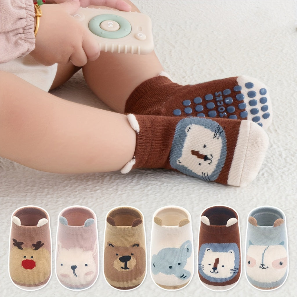 6 pairs of cute cartoon animal cotton blend non-slip kids socks with grip dots, perfect for all seasons.