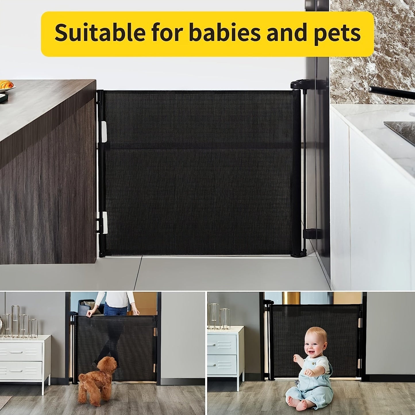 Baby gate options include a retractable mesh gate or a mesh dog gate, standing at 83.82cm tall and extending up to 139.7cm wide. This child safety gate is suitable for doorways, stairs, hallways, and can be used both indoors and outdoors.