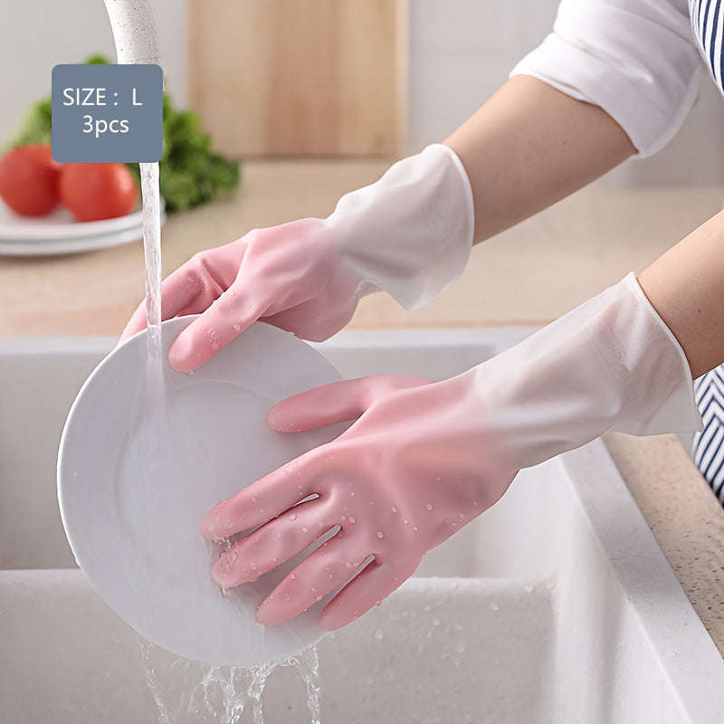 Three pairs of high-quality household cleaning gloves for premium protection. These waterproof kitchen gloves are perfect for dishwashing and other housework tasks. Their non-slip design makes them ideal for a variety of cleaning tasks, including laundry