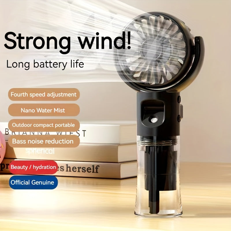 Compact, rechargeable handheld spray fan and mini facial steamer, perfect for on-the-go use during travel and outdoor adventures.