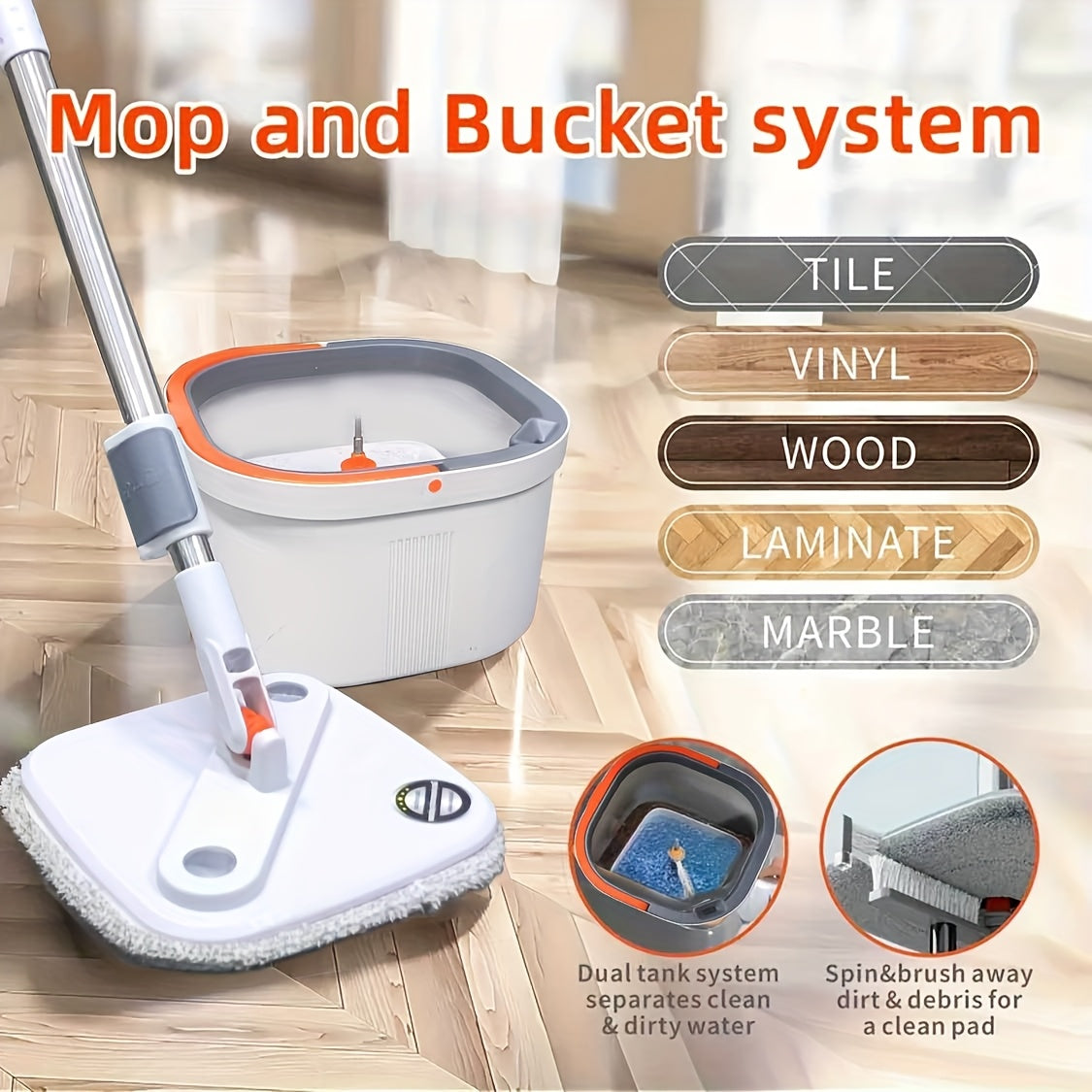 Grey Self-Cleaning Rotating Mop and Bucket Set with 360° Swivel Head for Hardwood, Tile, and Marble Floors - Dual-Use Wet and Dry Mop Kit, Self-Draining Dirty and Clean Water System - Ideal for Living Room, Bedroom, Bathroom, Toilet, and Kitchen.