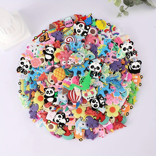 Set of 100 adorable cartoon keychains featuring panda, rainbow, and avocado charms - ideal for adding a touch of cuteness to your bags and keys. The perfect gift for women.