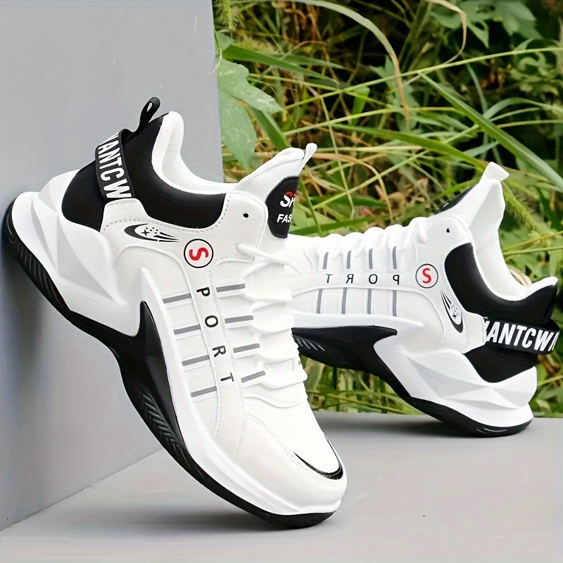 Men's casual athletic sneakers with mid-top lace-up design, durable rubber sole, comfortable PU upper and inner lining, breathable fabric lining, sporty style with "SPORT" print, all-season