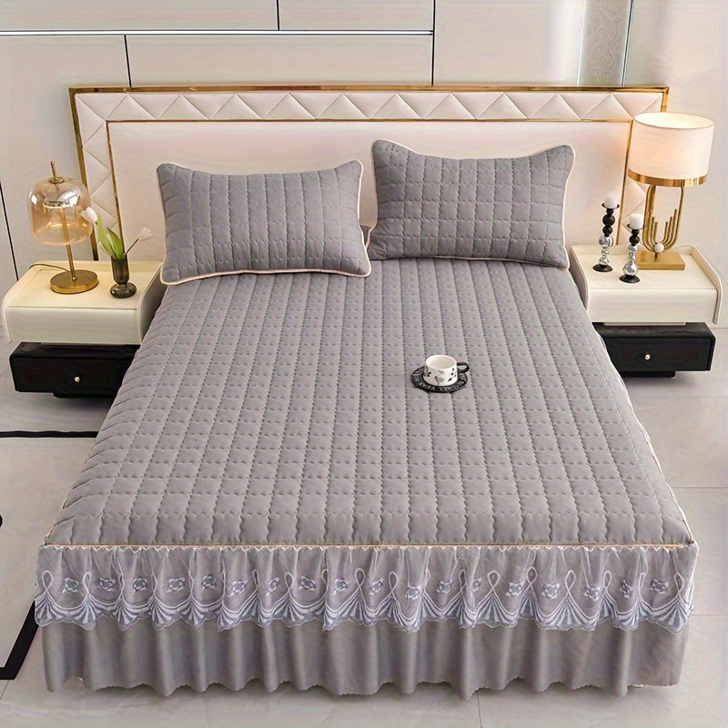 Luxury bedding set includes quilted edge bed skirt, 2 pillowcases, mattress protector, bed sheet, and duvet cover. Skin-friendly, breathable, and easy to maintain. Suitable for various