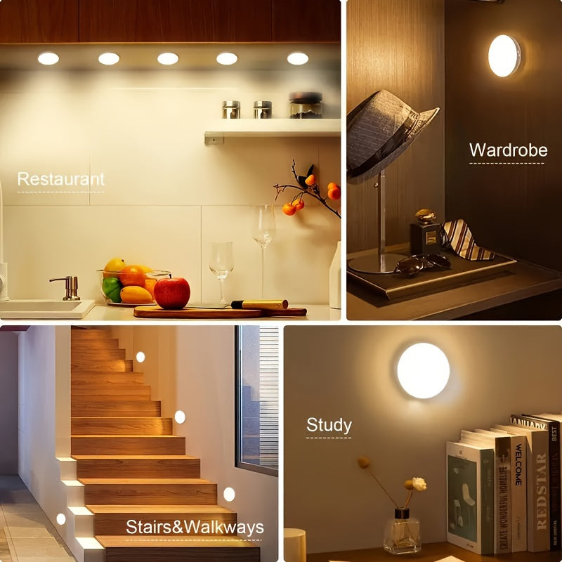 3-Pack of AMILL Motion Sensor Step Lights with 8 LEDs, Indoor USB Rechargeable Sconce. Features dimmable light, wide infrared induction, semi-flush mount, and plastic shade. Battery powered (250mAh) for wardrobe, entrance, corridor, balcony, and reading