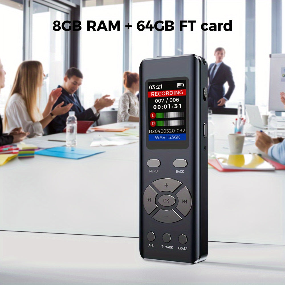 Cappsu 72GB Digital Recorder with Dual Microphone, HD Recording, A-B Repeat, Noise Reduction, Voice Activation, and headphone/microphone compatibility.