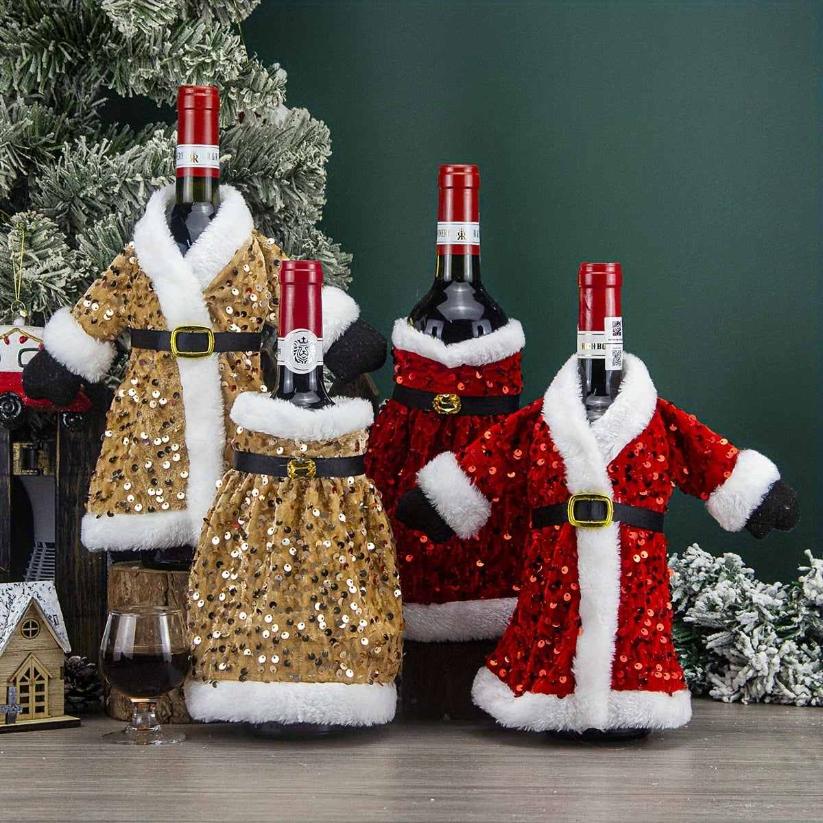 Set of 2 Festive Christmas wine bottle covers with sequined attire, plush hats, and leak-proof sweater. Perfect for wine lovers, home decor, and family gatherings.