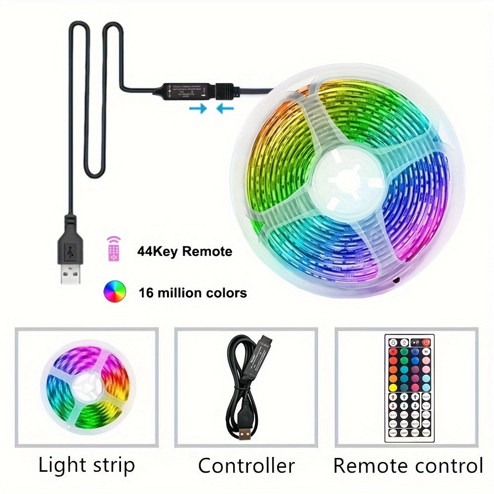 Control LED strip lights wirelessly with an infrared remote to customize RGB lighting and decorate living room atmosphere with flexible ribbon lamp string.