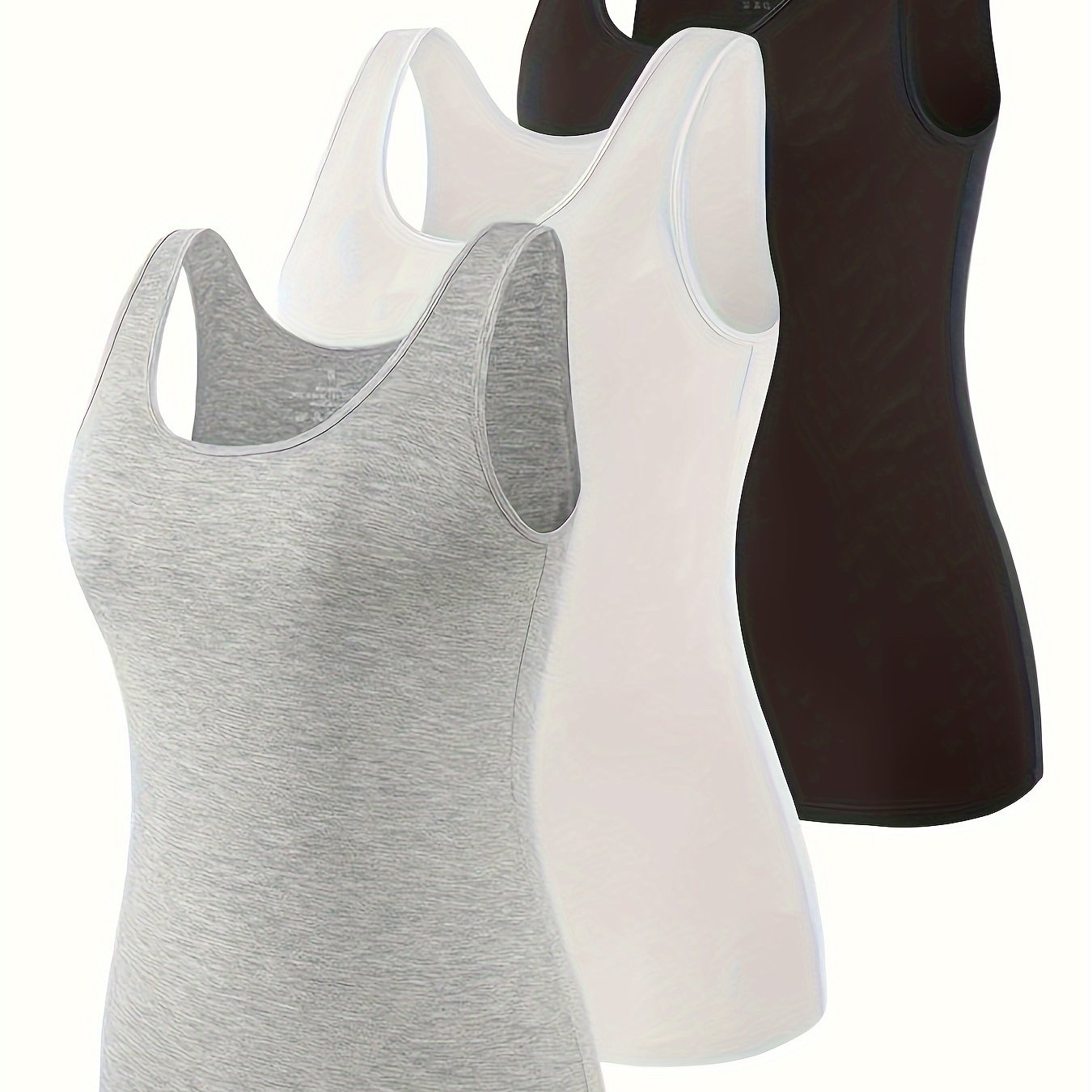 3 women's slim fit tank tops in heather gray, white, & black - breathable rayon blend, stretchy sleeveless shirts with racerback design for casual wear - machine washable.