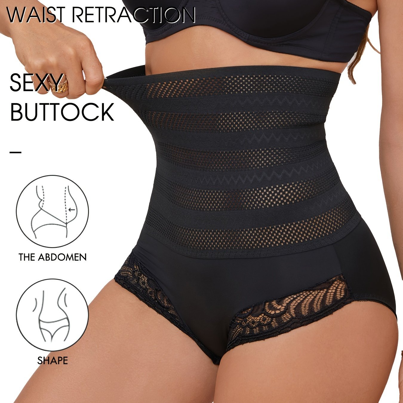 High waist compression panties with lace detail for shaping and lifting buttocks, tummy control.