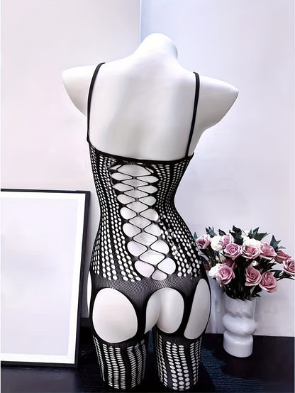 Chic black fishnet bodysuit with hollow out design, see-through cover-up, high stretch nylon/elastane blend. Hand washable, ideal for music festivals and beachwear.