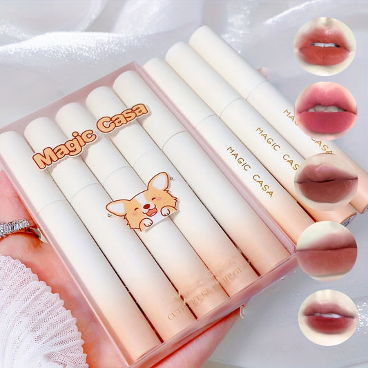 Matte velvet lip gloss set with 5 long-lasting colors for students, waterproof and non-fading, with Koji finish in PVC box packaging.