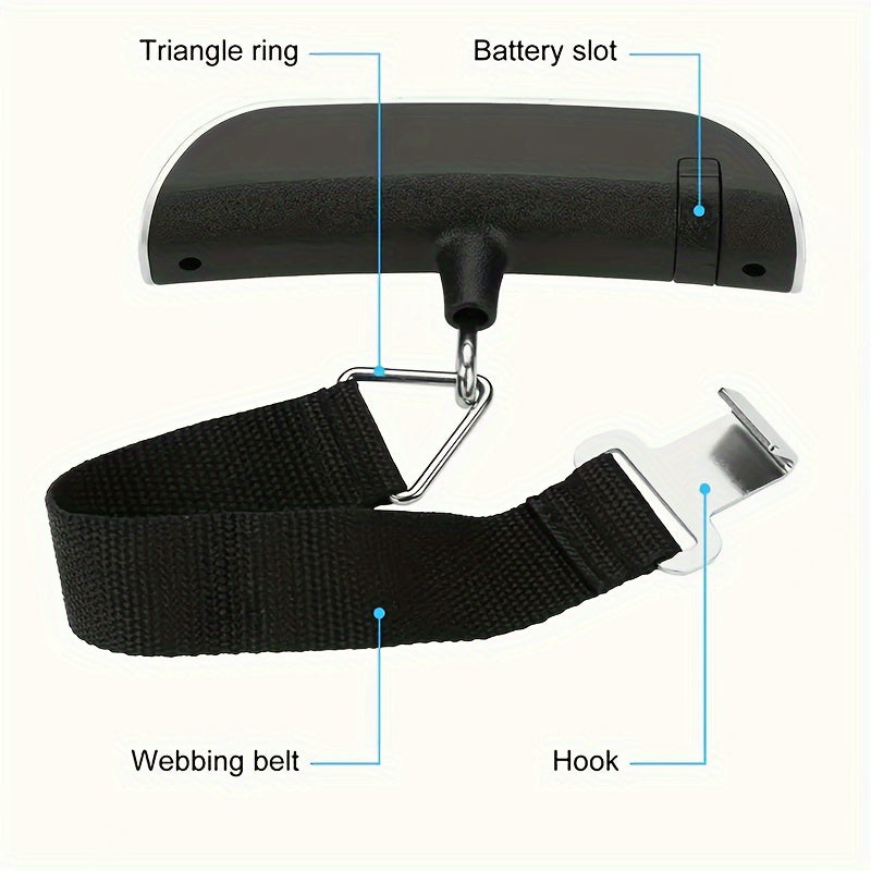 Portable electronic luggage scale with hook, suitable for parcels up to 50KG, ideal for fishing and lifting tasks.