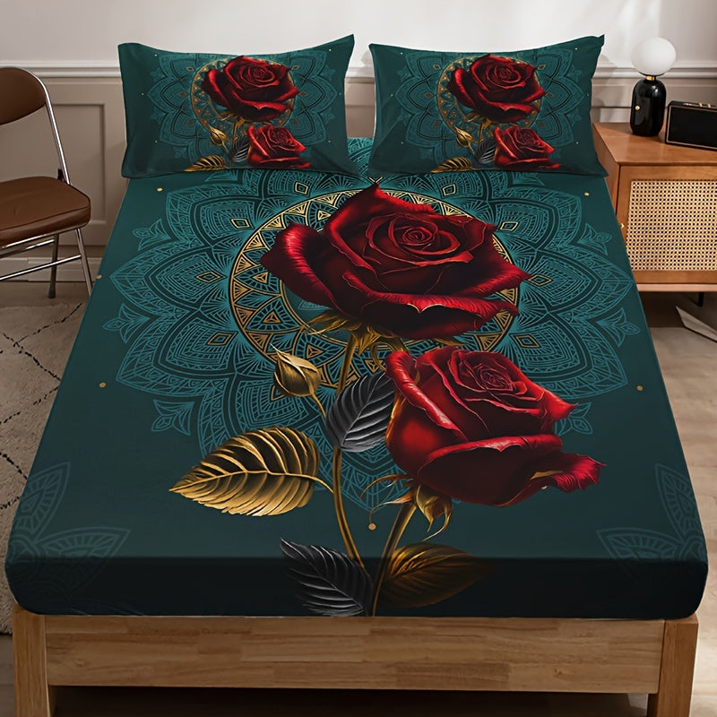 Bedding set featuring an elegant rose floral print - vibrant red roses with golden accents. Made with breathable polyester for all-season comfort. Set includes 1 deep pocket fitted sheet and 2 pillowcases. Machine washable for easy care.