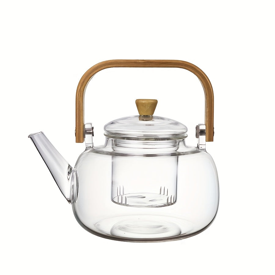 Stylish glass teapot with bamboo handle, ideal for blooming and loose leaf tea. Heat resistant and includes tea infuser. Perfect Christmas gift.