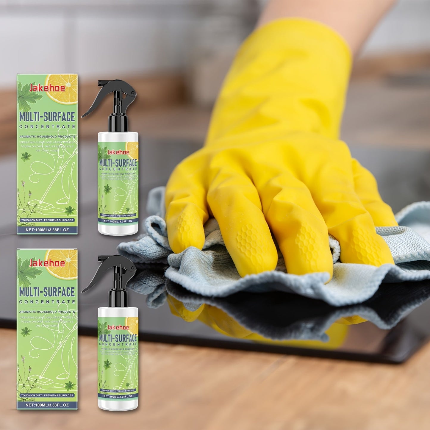 Two-pack of multi-surface cleaning liquids designed to remove water stains from countertops, tiles, and bathrooms while also providing effective cleaning and surface protection. Perfect for quick household cleaning solutions, each bottle contains 100ml