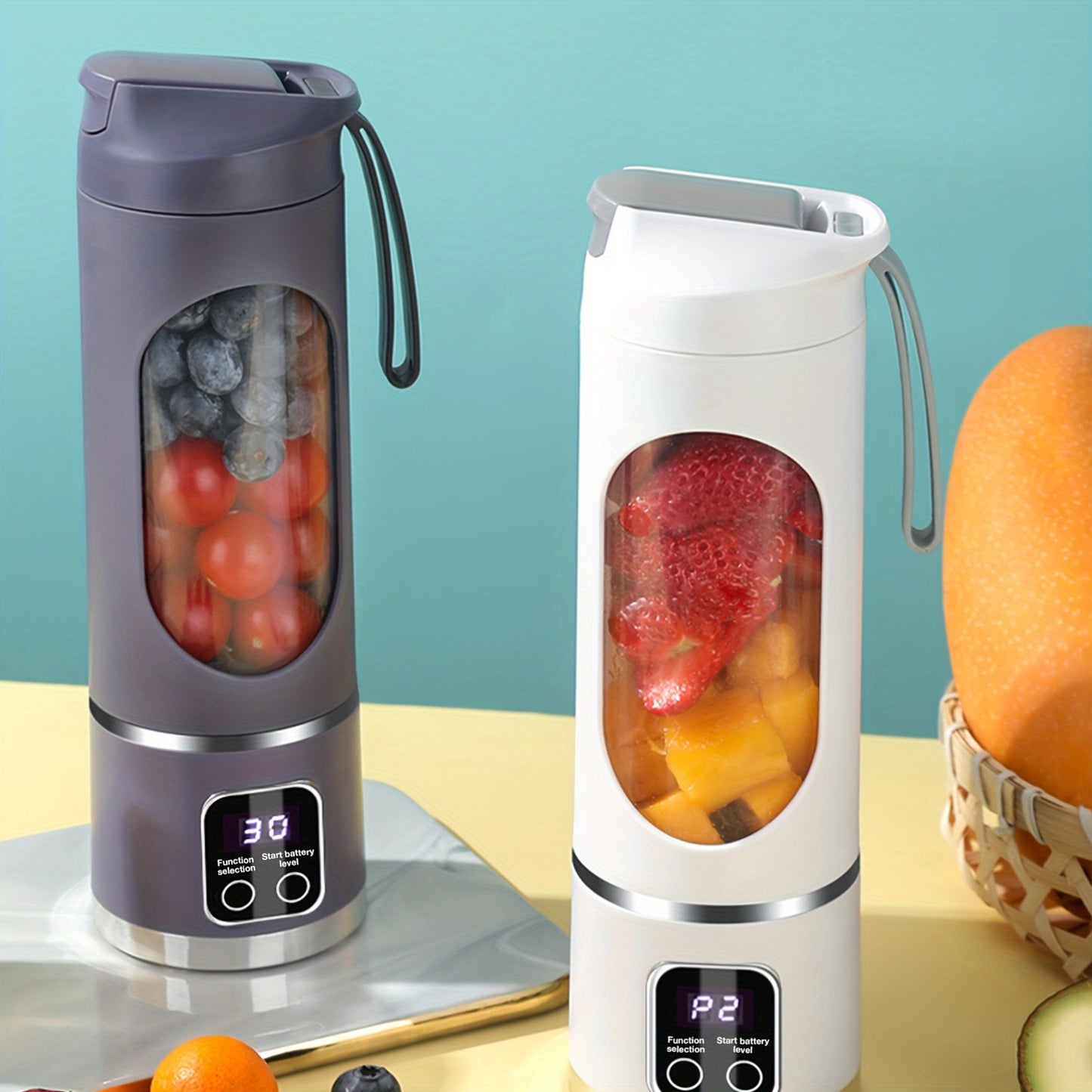 Portable Genai HS-860 citrus juicer with 450ml capacity, USB rechargeable, detachable design, non-slip base, push-button control, easy to clean, food-grade ABS cup.