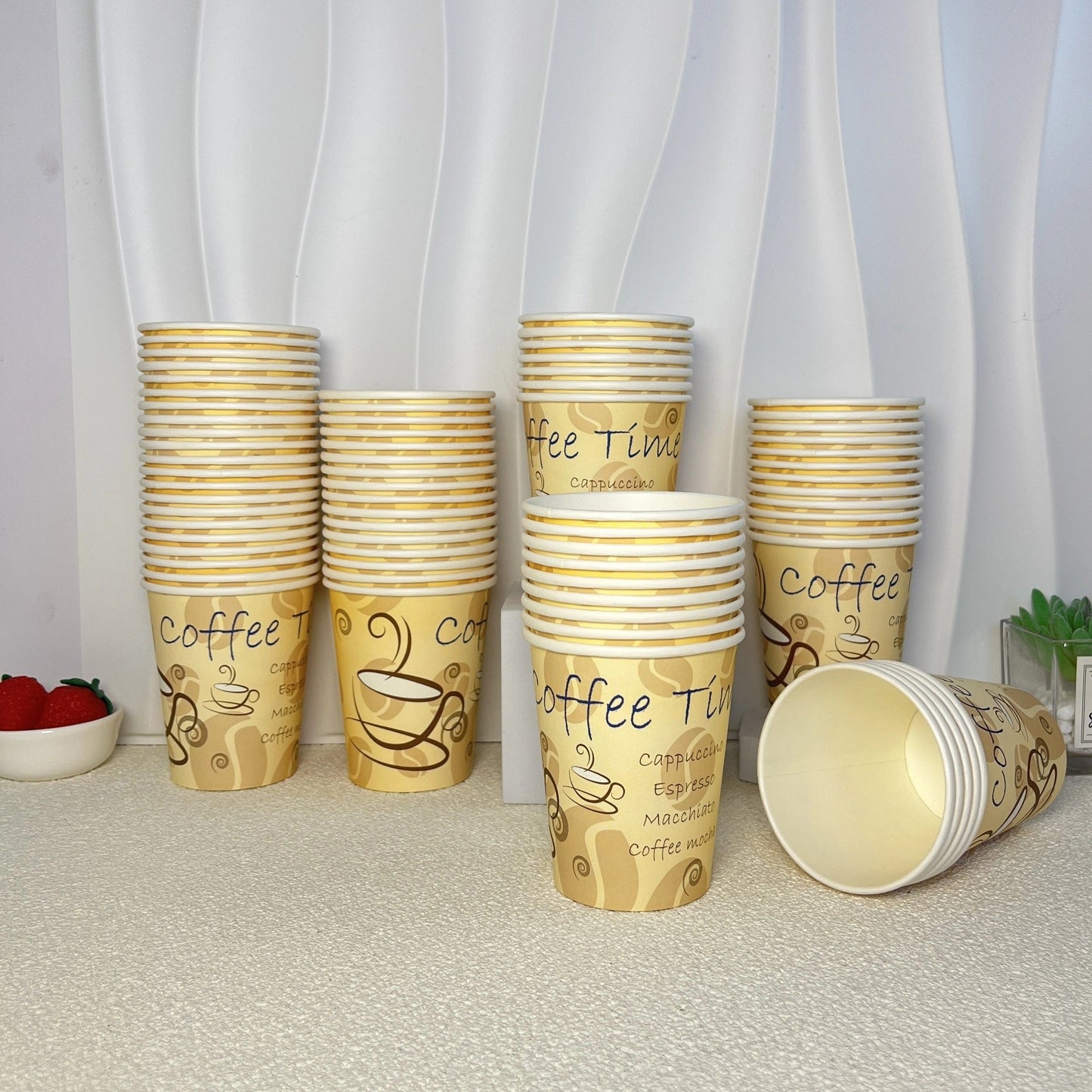 50 to 100 pieces of 8-ounce disposable paper cups ideal for household and commercial use. These hot drink paper cups are food-grade and perfect for coffee, juice, or water. Suitable for home and supermarket tastings, as well as lattes and milk teas.