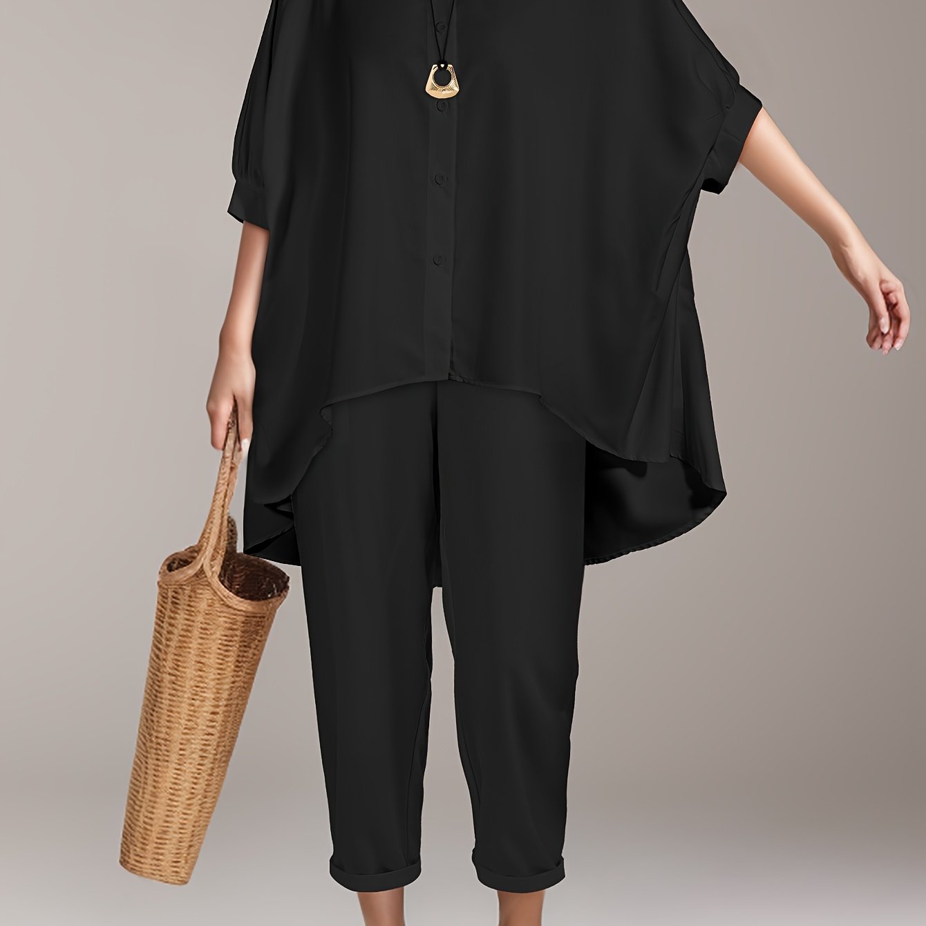 Polyester women's beach shirt set with batwing sleeves and asymmetrical hem - machine washable.