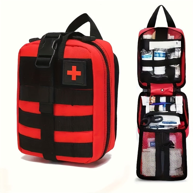 205-piece universal first aid kit suitable for various settings such as home, school, outdoor activities, hiking, car travel, and camping. Contains quick response first aid essentials