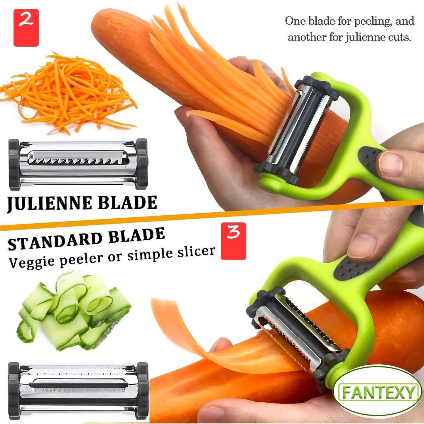 Multi-functional kitchen tool: includes a fruit and vegetable peeler, paring knife, and shredder in one convenient gadget - made from sturdy plastic material.