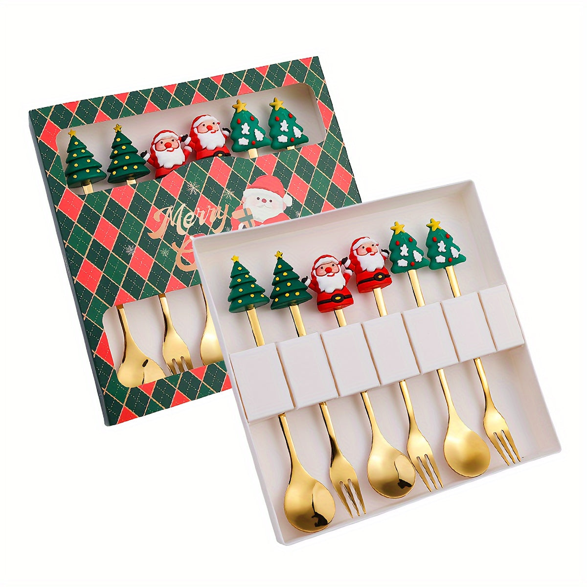 Set of 4/6 Christmas-themed stainless steel coffee spoons and forks in a red or green gift box for stirring beverages and desserts.