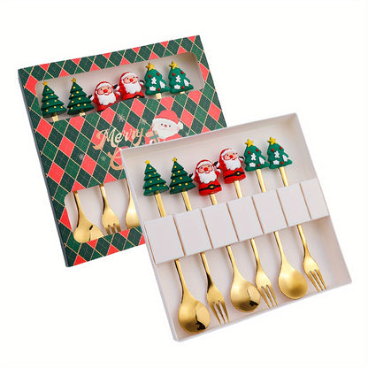 Set of 4/6 Christmas-themed stainless steel coffee spoons and forks in a red or green gift box for stirring beverages and desserts.