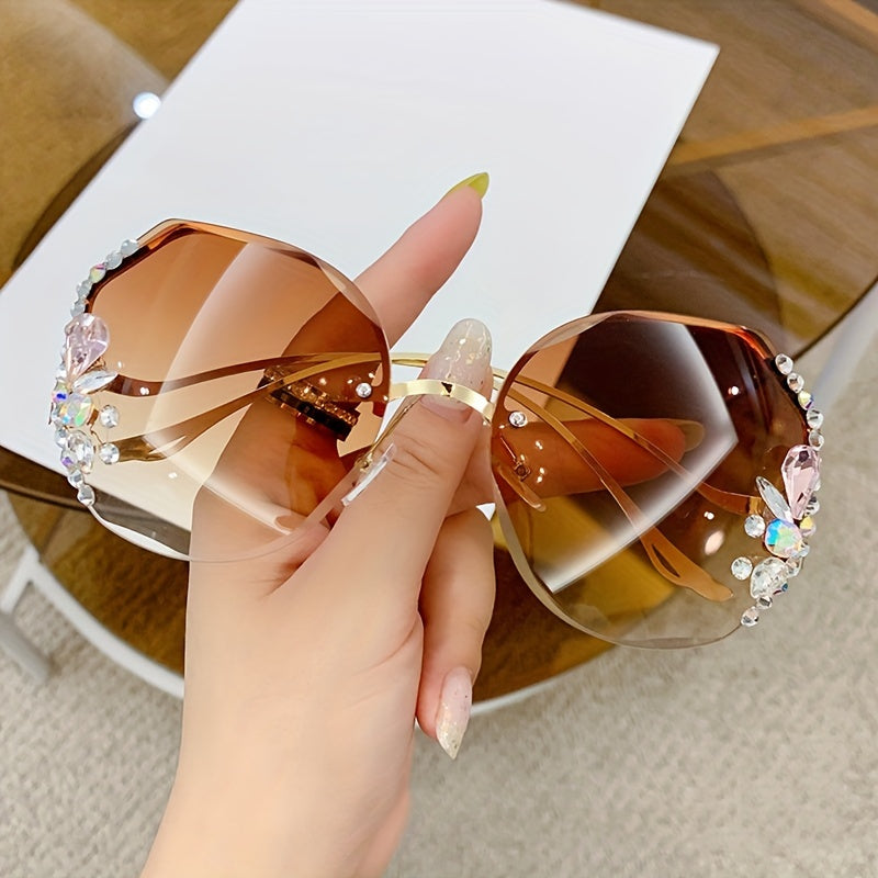 2 Rhinestone fashion glasses for women, frameless gradient lens with gemstone accents and unique bent leg design, buy 1 get 1 free.