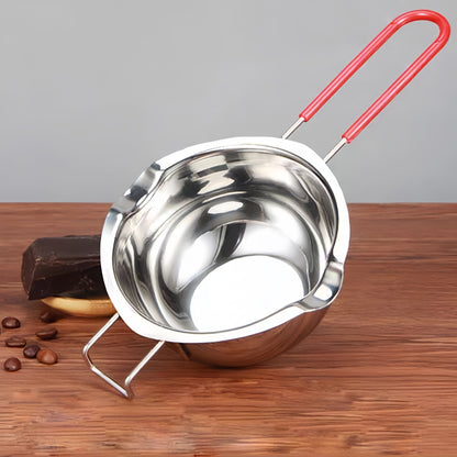 1-piece stainless steel double boiler pot perfect for melting chocolate, warming butter, splashing oil, heating oil, and melting wax. A versatile kitchen utensil that is a must-have kitchen gadget and accessory.