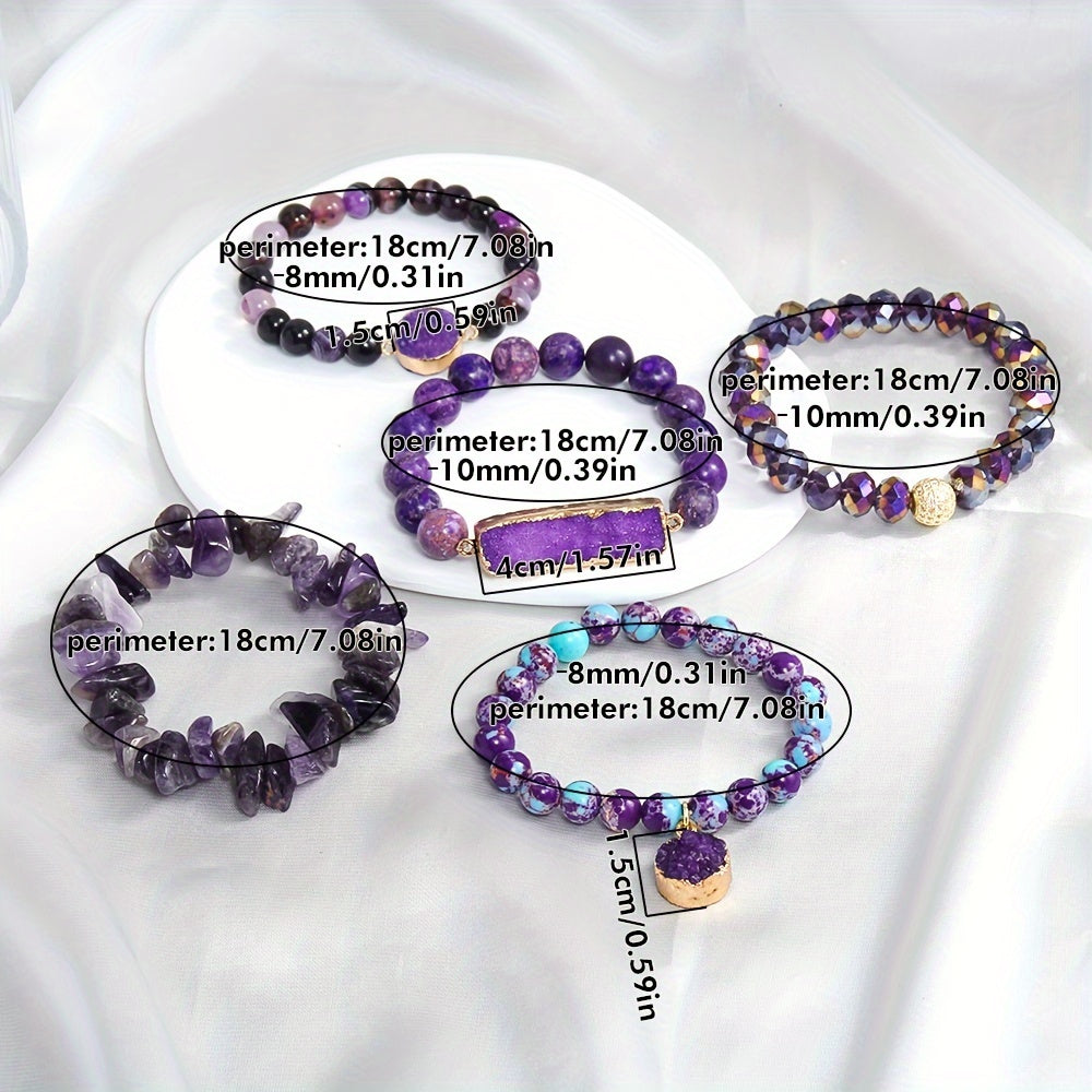 Set of 5 Bohemian Classic Beaded Bracelets featuring Natural Stone Druzy Gravel Glass, February Birthstone, Elastic Stackable design for Daily & Vacation Wear, accented with Synthetic Zirconia for a touch of elegance, perfect for all seasons.