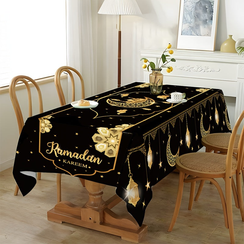 Eid Mubarak Polyester Tablecloth, 180x140cm Ramadan Kareem Black Table Cover for Islamic Muslim parties and home celebrations.