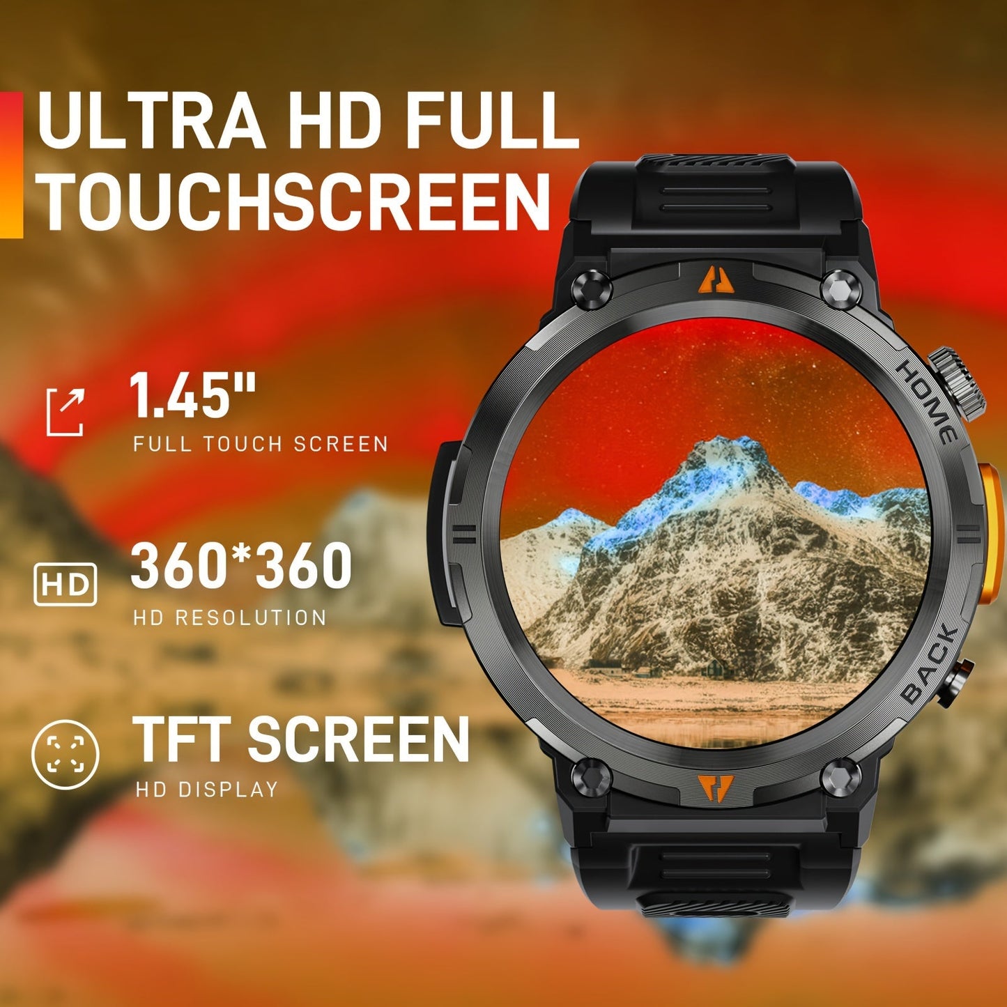 EIGIIS KE3 Men's Smartwatch offers a high-definition touch display, built-in LED flashlight, and the ability to receive calls and texts. It also includes a fitness tracker with a pedometer feature, designed for use with both iPhone and Android devices.