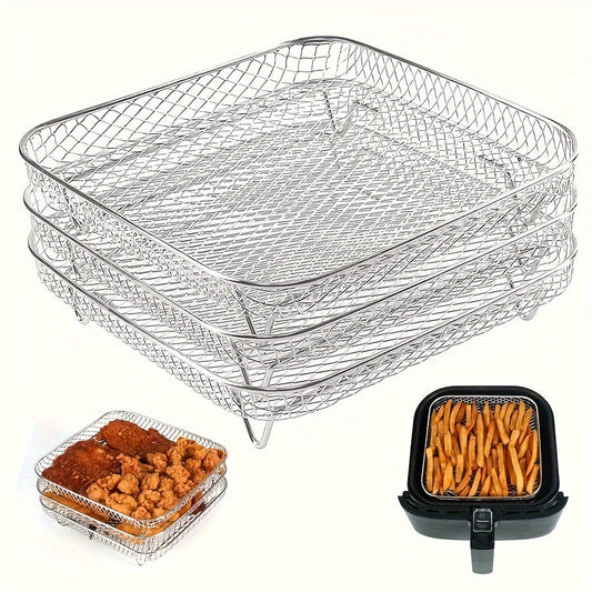 Set of stainless steel air fryer accessories includes a versatile stackable rack, dehydrator stand, BBQ basket, grilling rack, oil brush, and food tongs. Compatible with square air fryers, this kit comes in a 1/3 piece set.